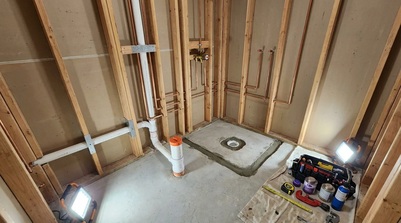 Bathroom rough-in plumbing during remodel by Johns Plumbing LLC in Riesel