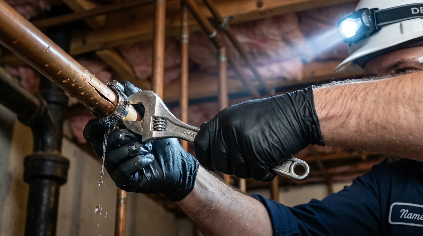 Emergency pipe clamp repair being performed by a Johns Plumbing LLC plumber in Riesel