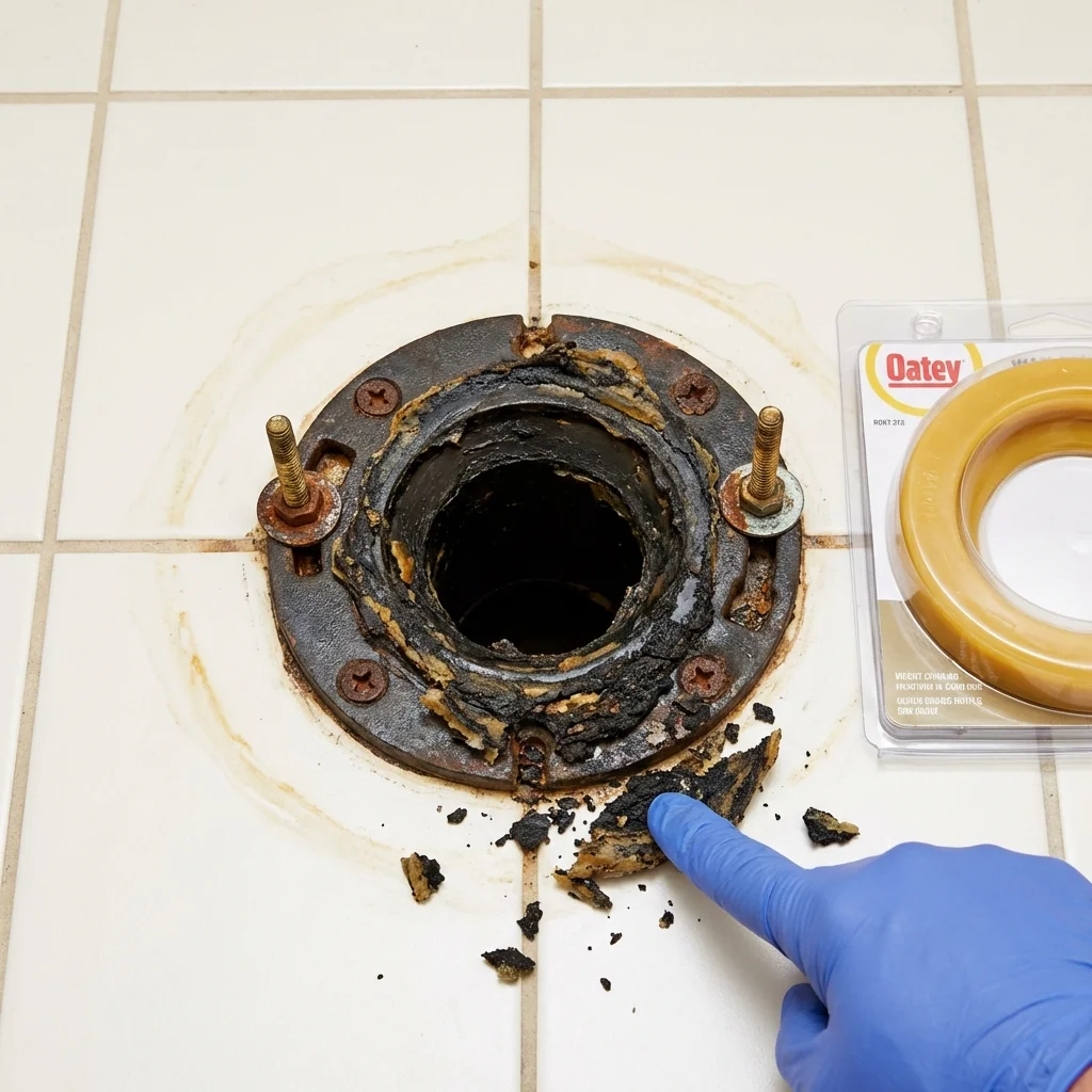 Failed wax ring showing water seepage at the base of a toilet in a Riesel, TX home