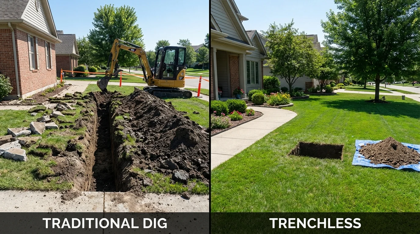 Trenchless sewer repair with minimal yard damage versus traditional excavation in Riesel, TX