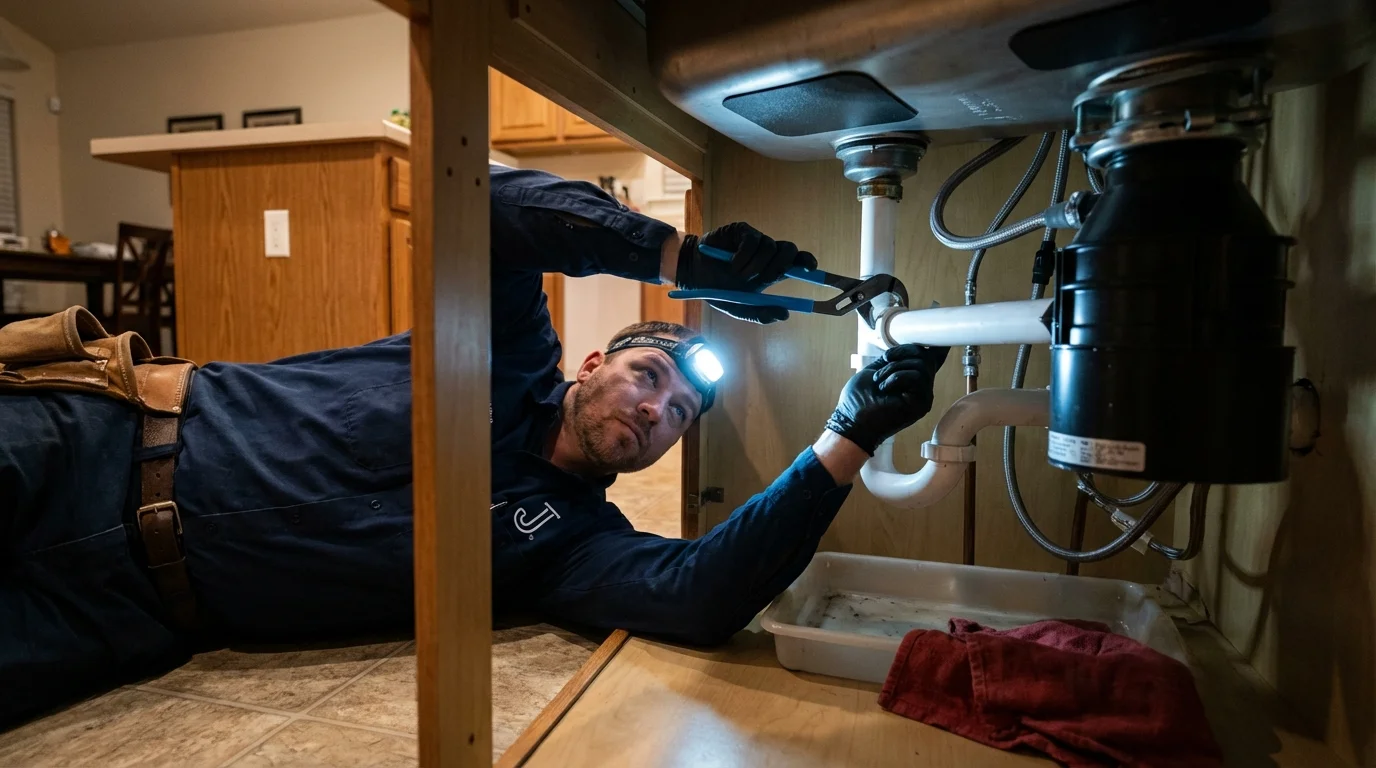 P-trap and supply line connections under a kitchen sink showing a common leak point in Riesel, TX